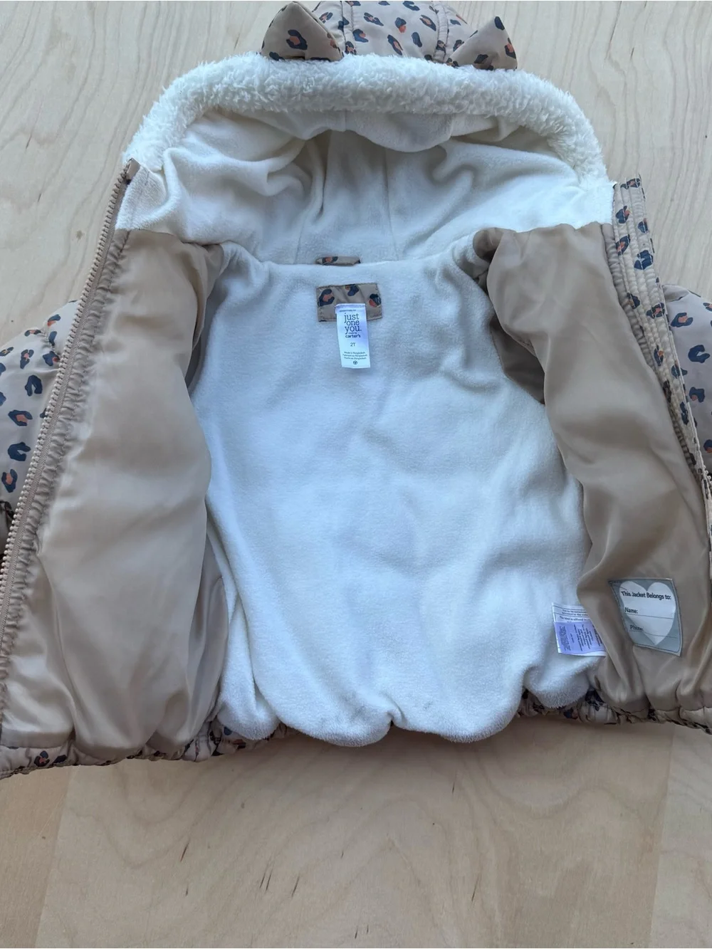 Just One You by Carters Leopard Print Puffer Jacket Fleece Lined Animal Ears 2T